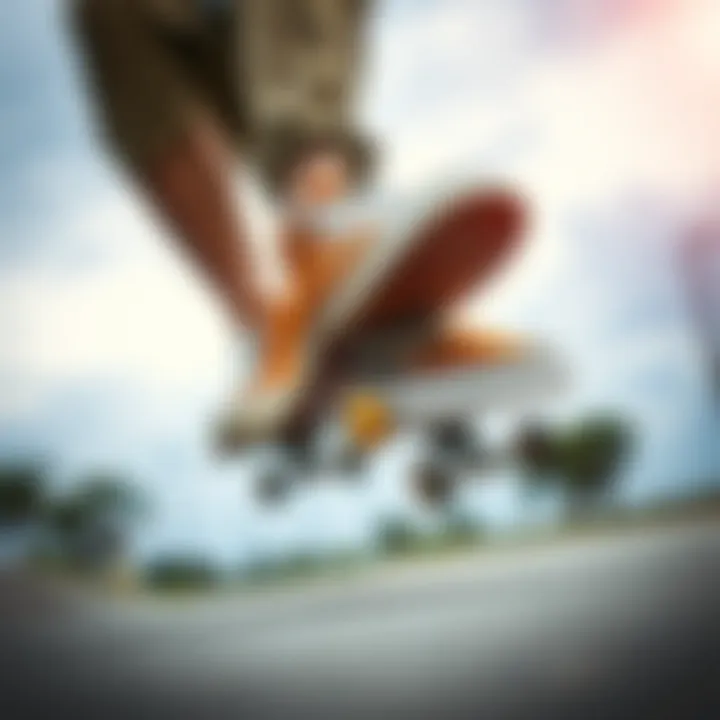 A skateboarder performing a trick while wearing Tan Hi Top Vans