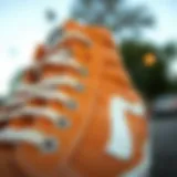 Close-up view showcasing the unique texture and color of Tan Hi Top Vans
