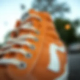 Close-up view showcasing the unique texture and color of Tan Hi Top Vans