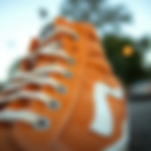 Close-up view showcasing the unique texture and color of Tan Hi Top Vans