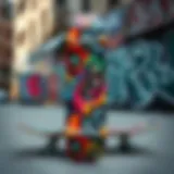 A vibrant skateboard deck with artistic graphics against urban graffiti background