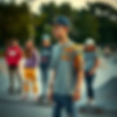 Diverse Skate Apparel at the Park A group of teenagers showcasing diverse skate apparel styles in a skate park