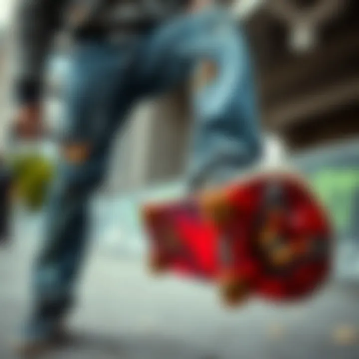 Urban Expression of Butterfly Denim Stylish jeans with butterfly patterns showcased in urban skate environment