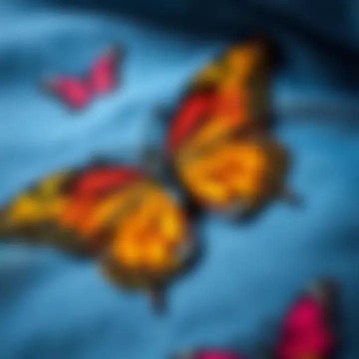Intricate Butterfly Motifs on Denim A vibrant close-up of butterfly motifs intricately woven into denim fabric