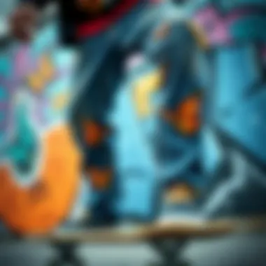 Skate Culture Meets Butterfly Aesthetics A skateboarder wearing butterfly-adorned jeans against a graffiti backdrop