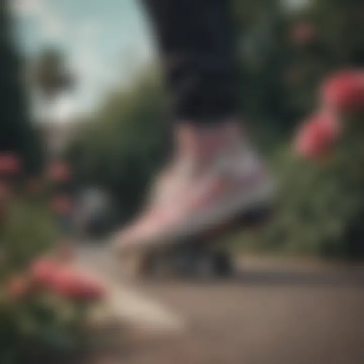 Skater performing tricks while showcasing Vans with floral patterns