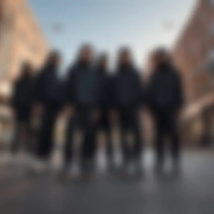 A group of skateboarders wearing all black sweats, symbolizing community and identity.