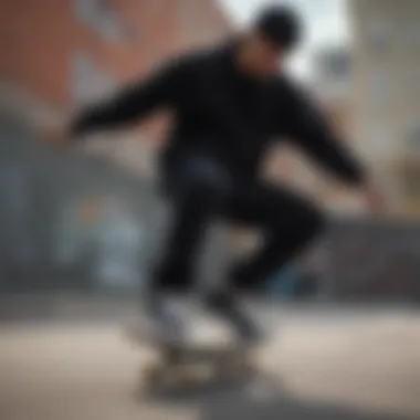 A skateboarder performing tricks in all black sweats, showcasing movement and comfort.