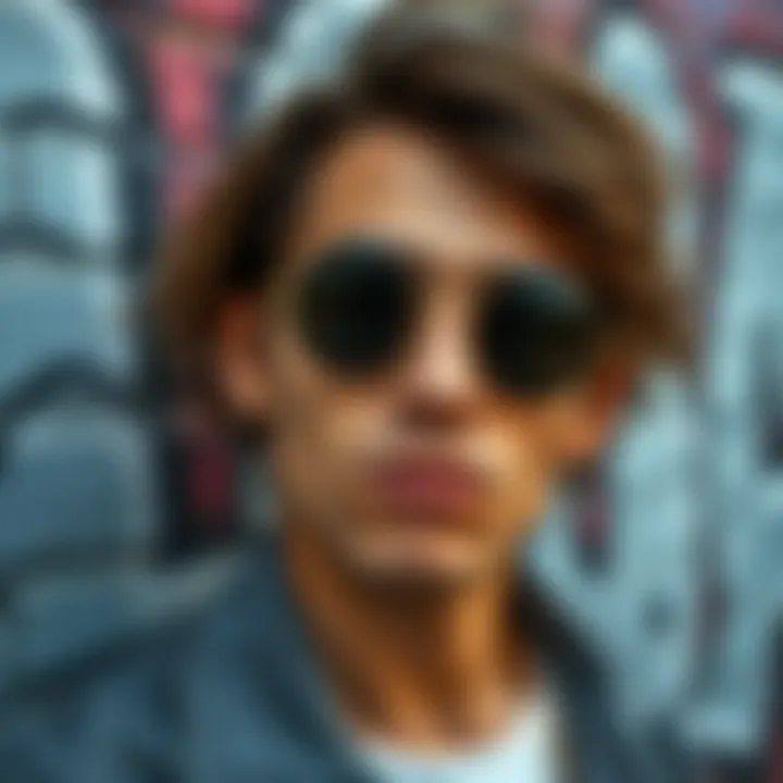 Fashionable individual wearing black round sunglasses with gold frame against a graffiti wall