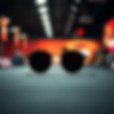 Stylish display of black round sunglasses with gold frame on a fashion runway