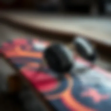 Artistic arrangement of black round sunglasses with gold frame on a skateboard