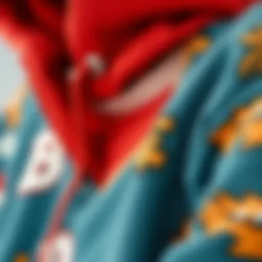 Close-up of unique fabric patterns on an anime hoodie
