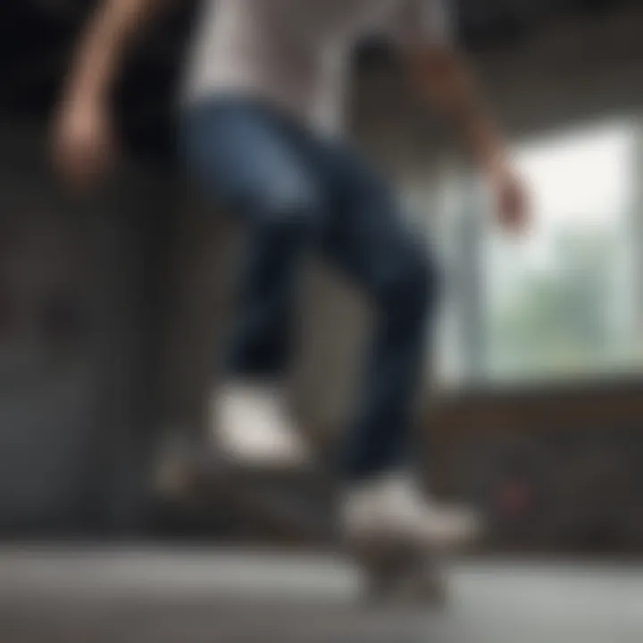 Skater performing a trick while wearing dark wash tapered jeans