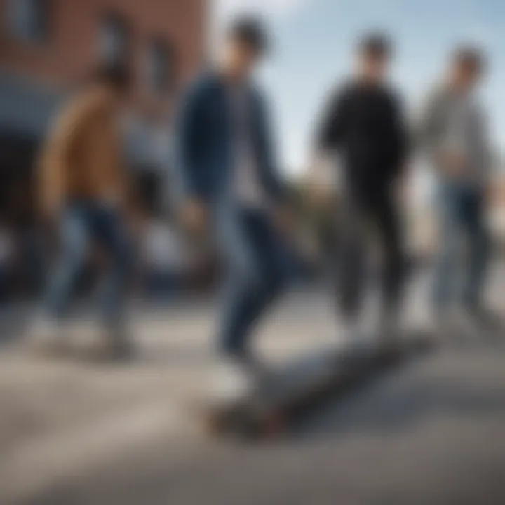 Group of skaters in urban setting, highlighting diverse styles with dark wash tapered jeans