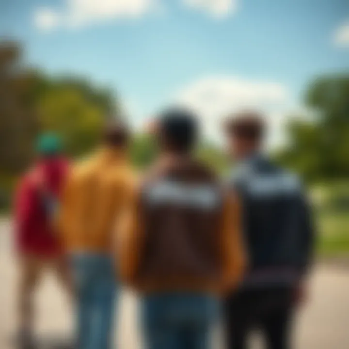 Group of skaters in Diamond Brand jackets enjoying a sunny day at the park
