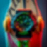 A close-up of a vibrant G-Shock neon watch against a skateboard background