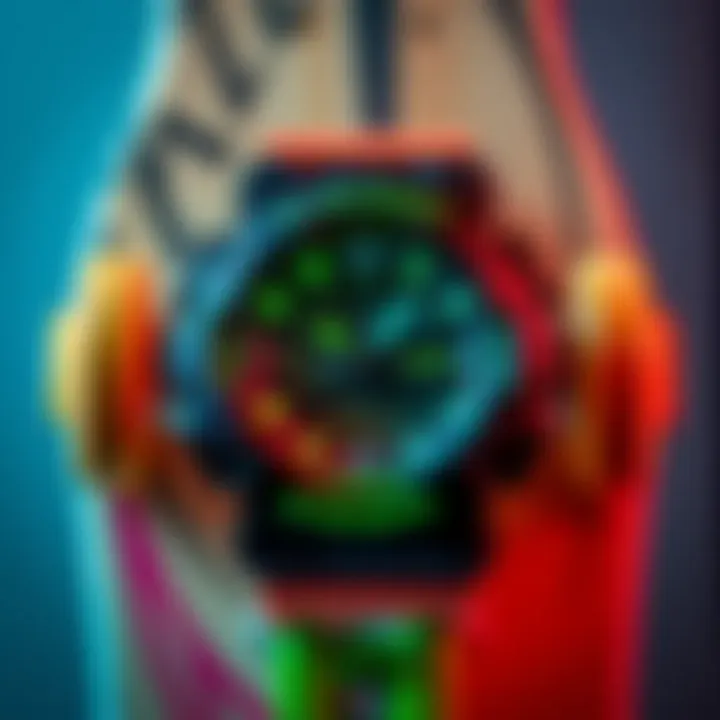 Vibrant G-Shock Neon Watch A close-up of a vibrant G-Shock neon watch against a skateboard background