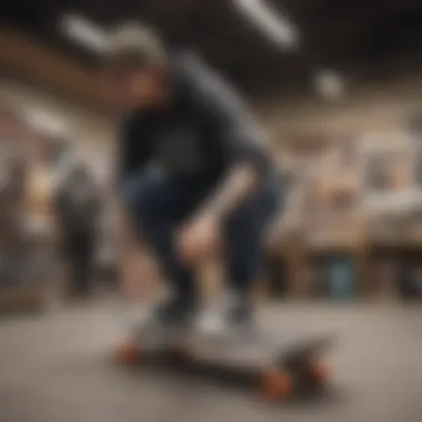 Skateboarding enthusiast engaging with a customization workstation