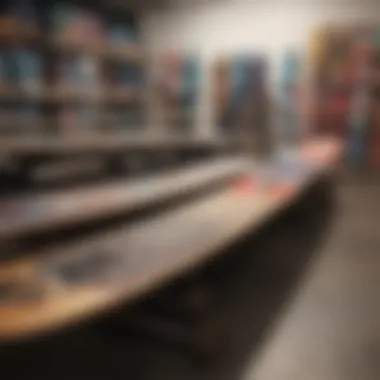 An array of finished custom skateboards displayed in a shop