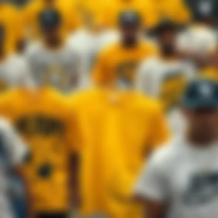 A collection of yellow and white graphic tees showcasing various designs and styles