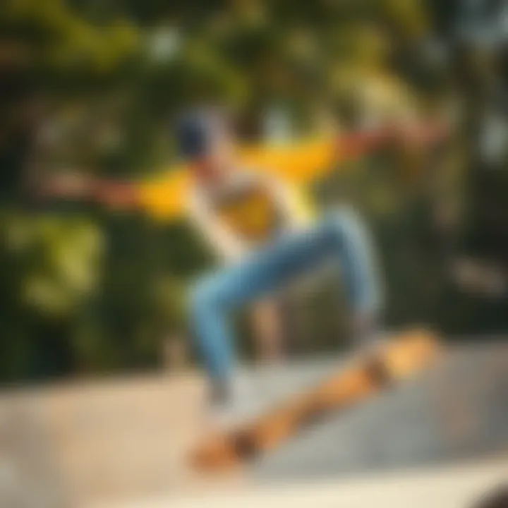 Skateboarder wearing a stylish yellow and white graphic tee while performing a trick