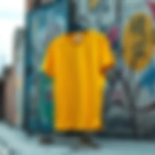 Urban Expression of Skate Culture Vibrant yellow and white graphic tee displayed against a textured urban backdrop
