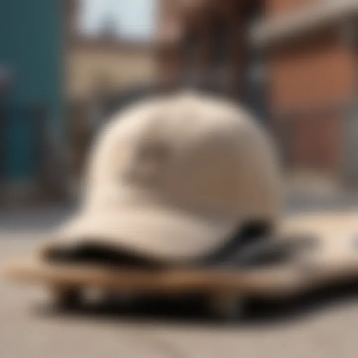 A close-up of a beige dad hat resting on a skateboard.