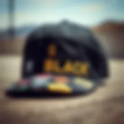Black 5 panel hat showcasing unique design elements