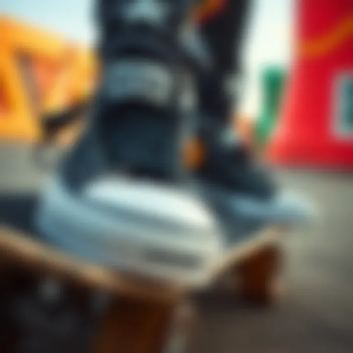 A close-up of Converse shoes on a skateboard