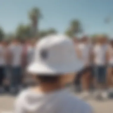 A group of individuals showcasing different styles with white bucket hats in a skate park.