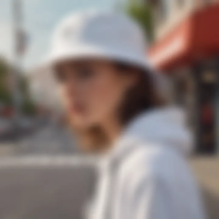 A stylish white bucket hat worn in an urban setting.