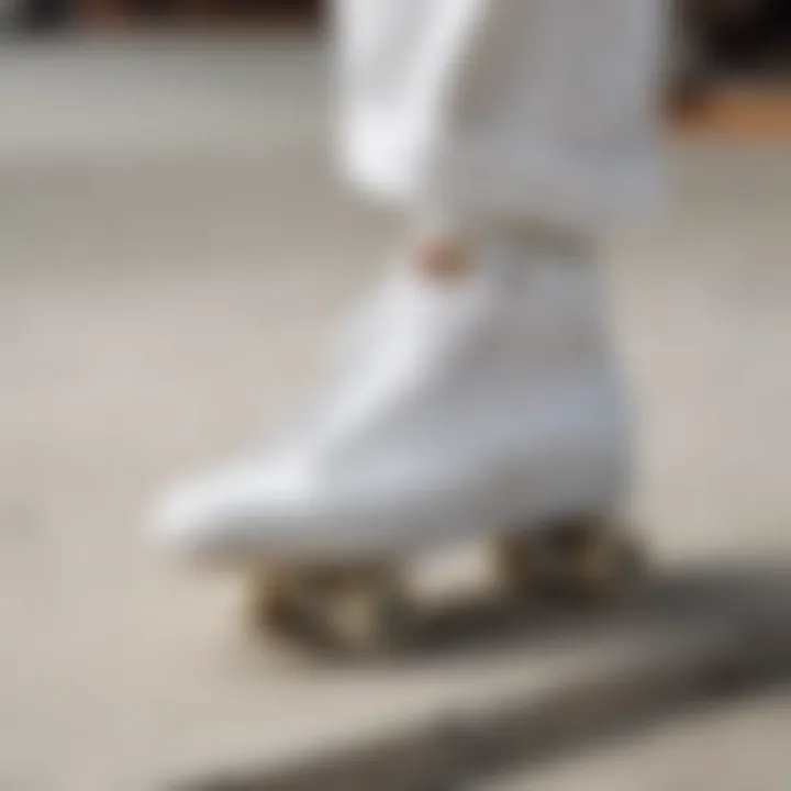 A close-up of all white Dickies, emphasizing the fabric and design that cater to skaters' needs.