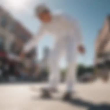 A skateboarder performing tricks while wearing all white Dickies, highlighting their functional benefits.