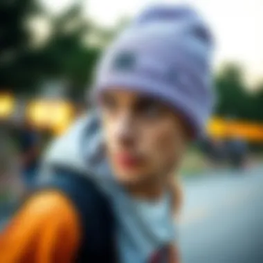 Lavender Beanie in Skate Culture A stylish lavender beanie worn by a skateboarder