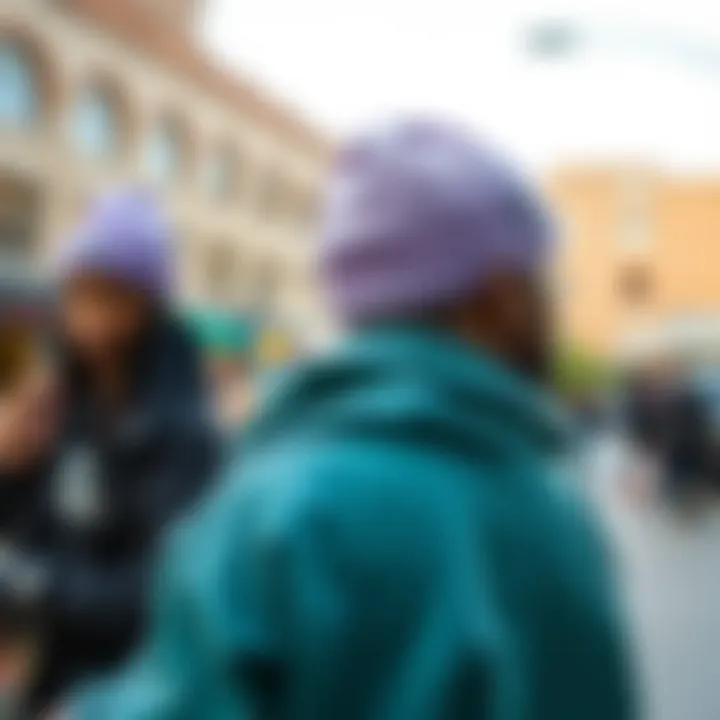 Lavender Beanies in Urban Skate Settings An urban skate environment with lavender beanies featured prominently