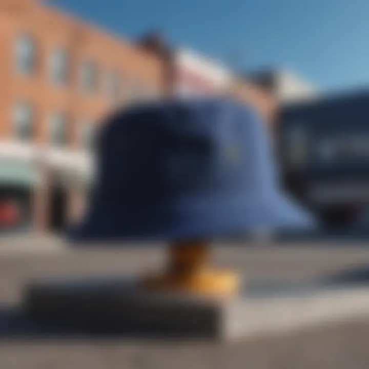 A stylish dark blue bucket hat displayed against a vibrant urban backdrop.