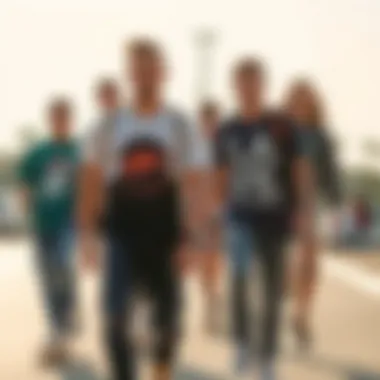 Skateboarders wearing trendy t-shirts at a local skate park