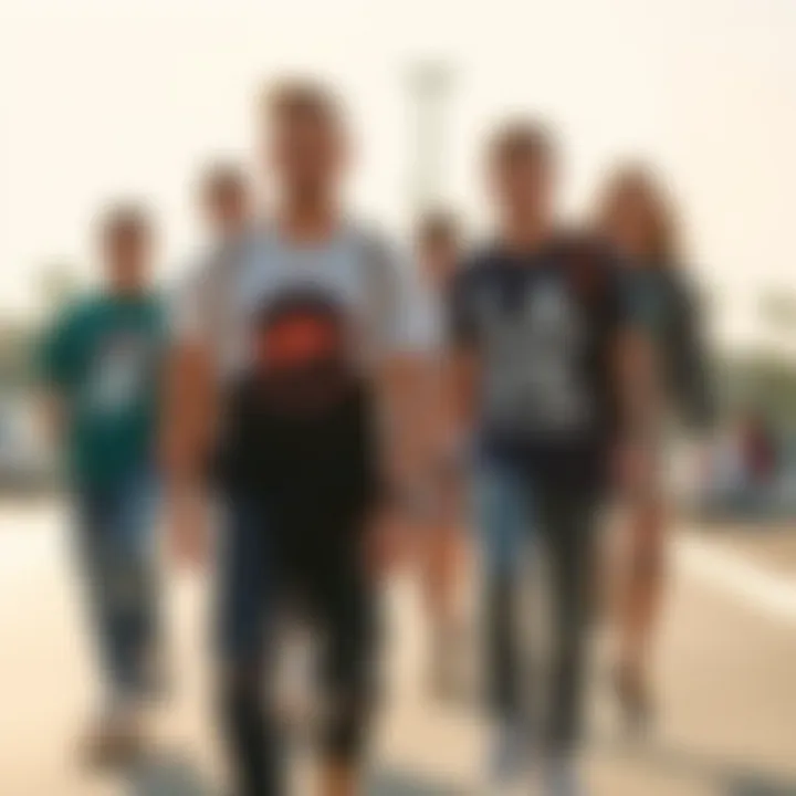 Skateboarders wearing trendy t-shirts at a local skate park