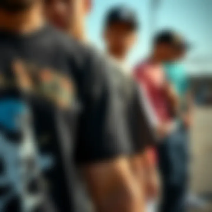 A close-up of unique graphics on skate t-shirts representing individuality
