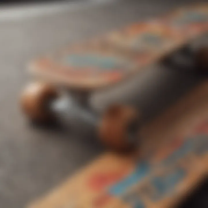 Close-up of retro skateboard graphics and artwork