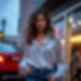 Elegant dark blue jeans styled with a chic blouse