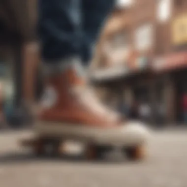 Leather Converse shoes on a skateboard in action