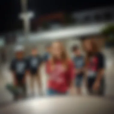 Teens and Community at the Skatepark An urban skatepark scene with teens wearing trendy tees, reflecting their identity and community.