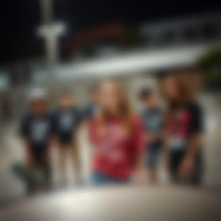 Teens and Community at the Skatepark An urban skatepark scene with teens wearing trendy tees, reflecting their identity and community.