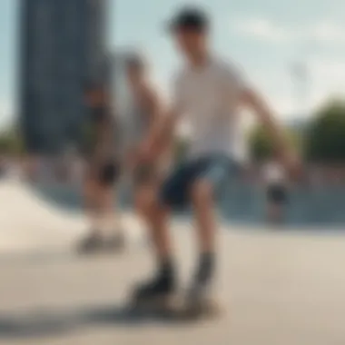 Modern skaters in stylish short shorts at an urban skate park.