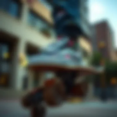 Skateboarder Showcasing Floral High Tops in Urban Setting Skateboarder showcasing floral high tops in an urban setting