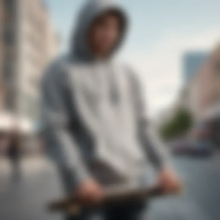 A gray hoodie sweatshirt draped over a skateboard, showcasing its connection to skate culture.