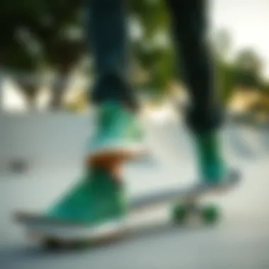 Skateboarder wearing green Reebok Classics at a skate park