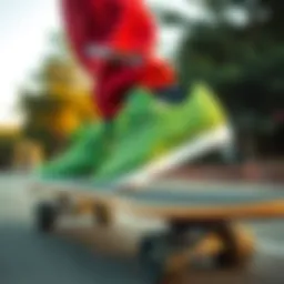 Vibrant green Reebok Classics on a skateboard