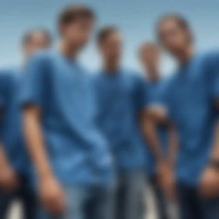 A group of skateboarders wearing heavy blue shirts